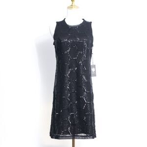 NWT Vince Camuto Womens Black Sequin Sleeveless Classic Sheath Midi Dress Size 4